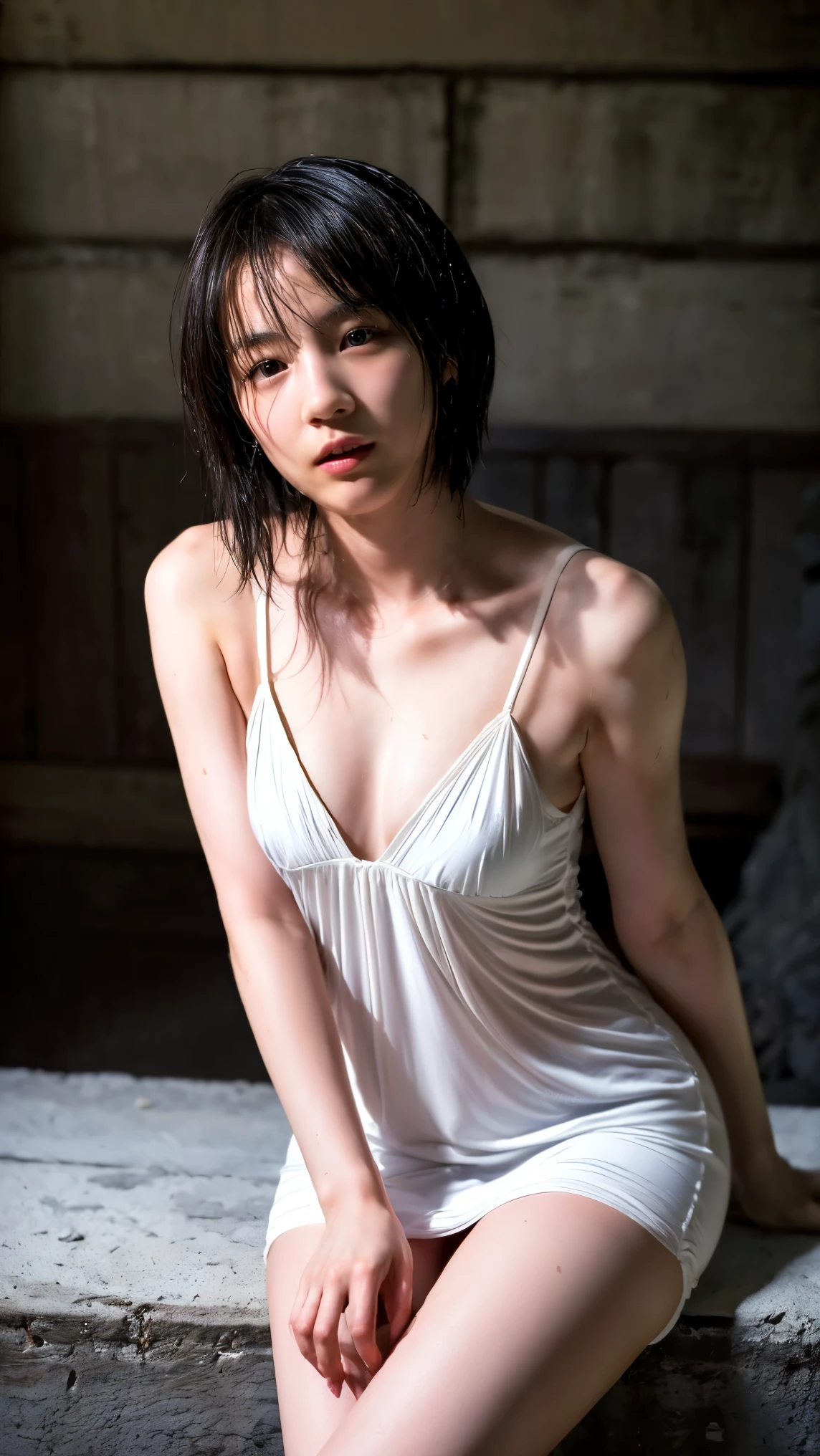 ((Petite women,    sensual women ,     not wearing makeup at the coal mine、indoor、 face up 、Sharp Eyes)),   white dress、An expression that wants to say something、Sweaty skin、 natural light、 An enchanting expression 、 wet hair 、 shy expression 、