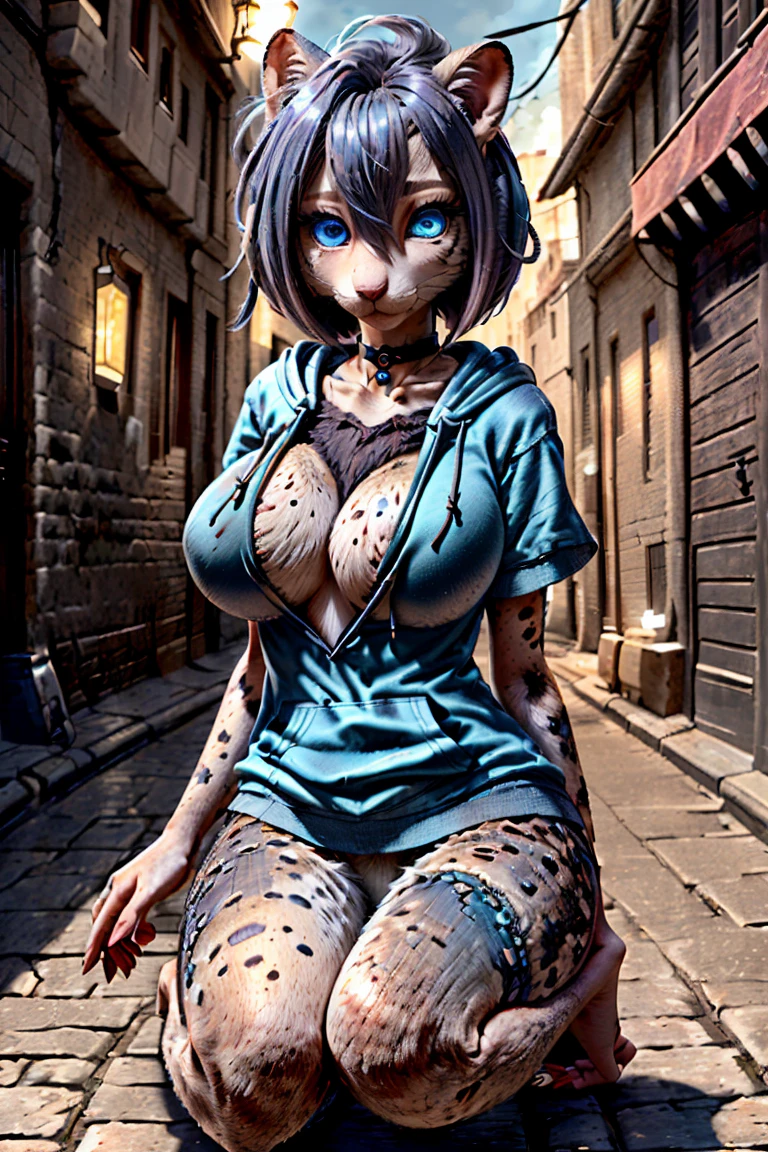 (detailed eyes:1.3), Beautiful Lighting, (1girl:blue eyes, (hair between eyes:1.1)), photo realistic, (outdoors, alley:1.3), (hoodie:1.3), black choker, short sleeves, dynamic angle, (bottomless:1.2), anthro snail, (no hair:1.5), all fours, breasts, large breasts,