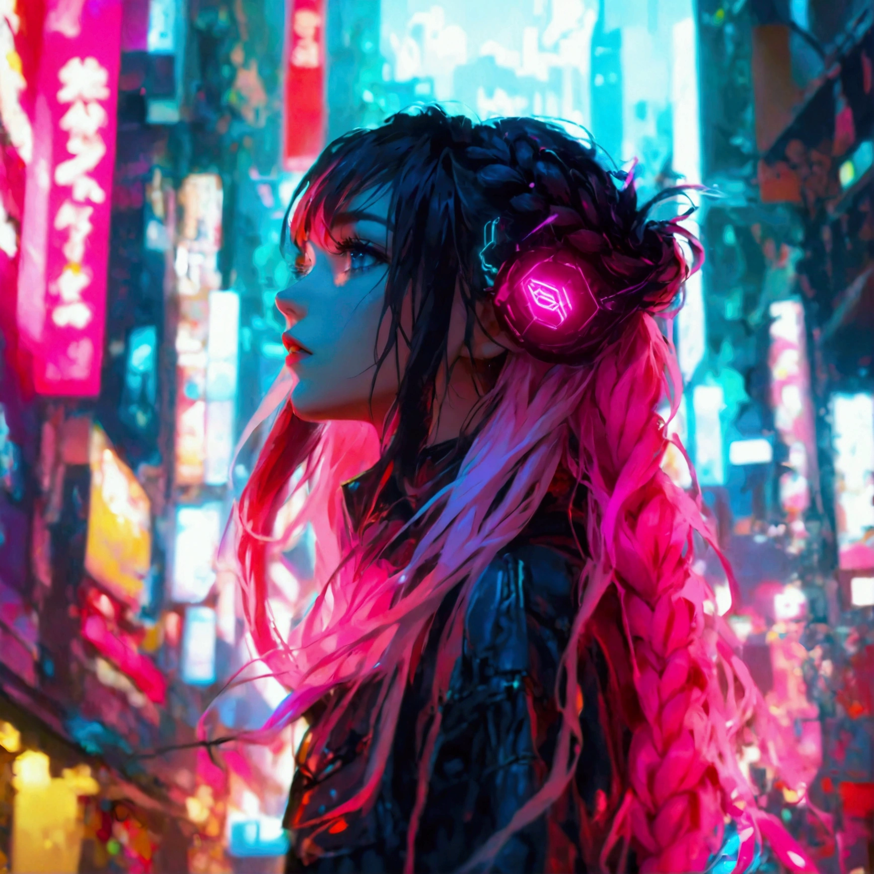 Best work High resolution One beautiful girl City night neon On top of a building Cyberpunk Pink and blue long hair braid
