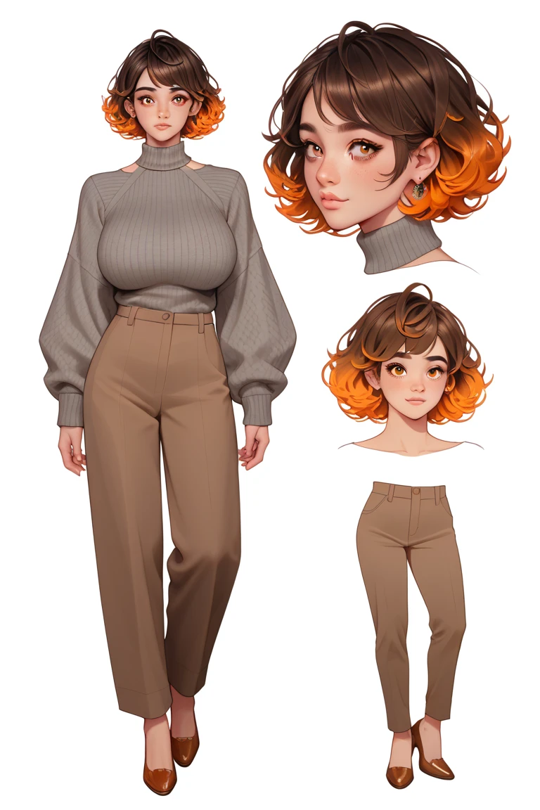 score_9, score_8_up, score_7_up, score_6_up, score_5_up, score_4_up, 1girl, orange hair, pixie haircut, bangs, sexy huge breasts, big neckline, stand front, big hipps, Gradient hair, orange aura, delicate brown shoes, gray sweater, elegant brown trousers, plum, Creative design,elegant bearing, full body, Reference sheet, Character sheet