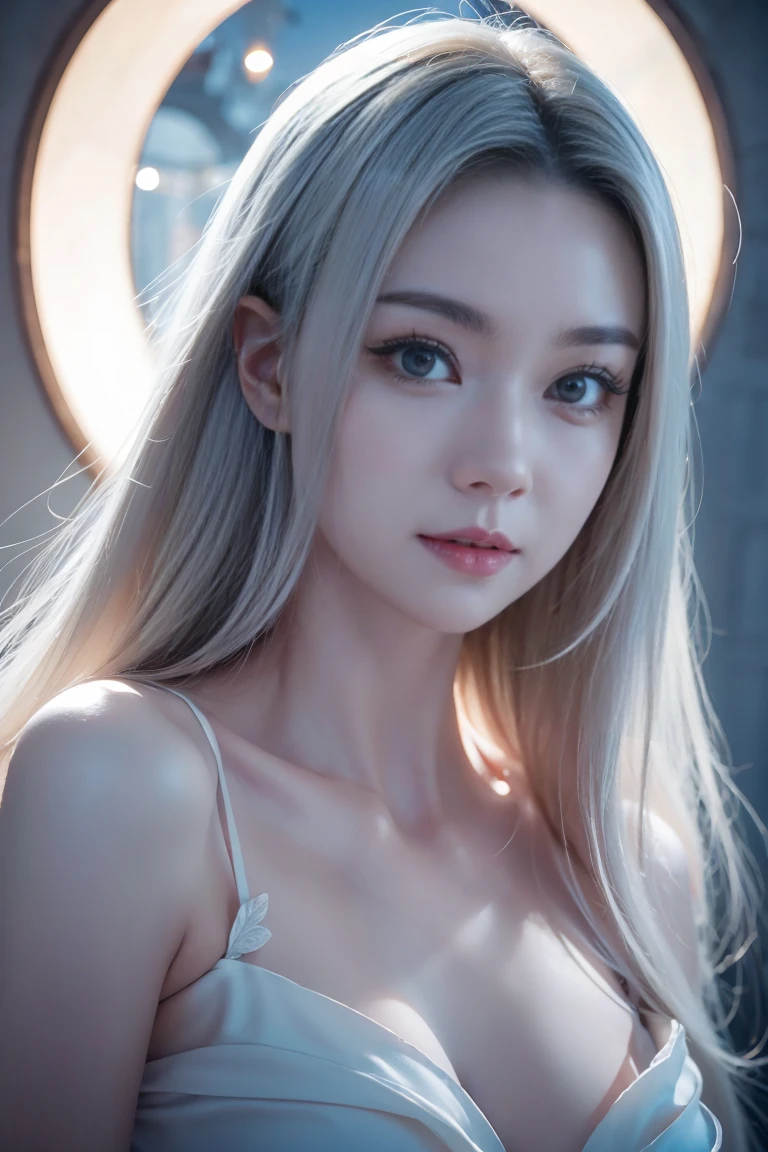 ashelia, photorealistic young medieval white-haired woman, flat chest, small bust, 8k, medieval palace, A beautiful adult woman with a soft face, perfect brown eyes, detailed face, long eyelashes, silk flower fantasy background, cinematic photorealistic lighting, dramatic night scene, (best quality,4k,8k,highres,masterpiece:1.2),ultra-detailed,(realistic,photorealistic,photo-realistic:1.37),cinematic,dramatic,moody,celestial white light