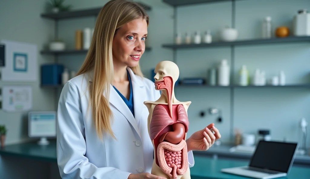 A nurse and a mirror with his reflection as a skeleton with organs