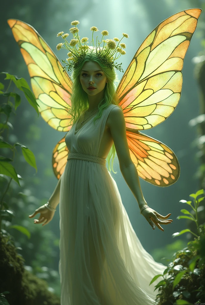 Long white haired cricket woman with huge butterfly wings on her shoulders in a lotus garden , aggressive 
