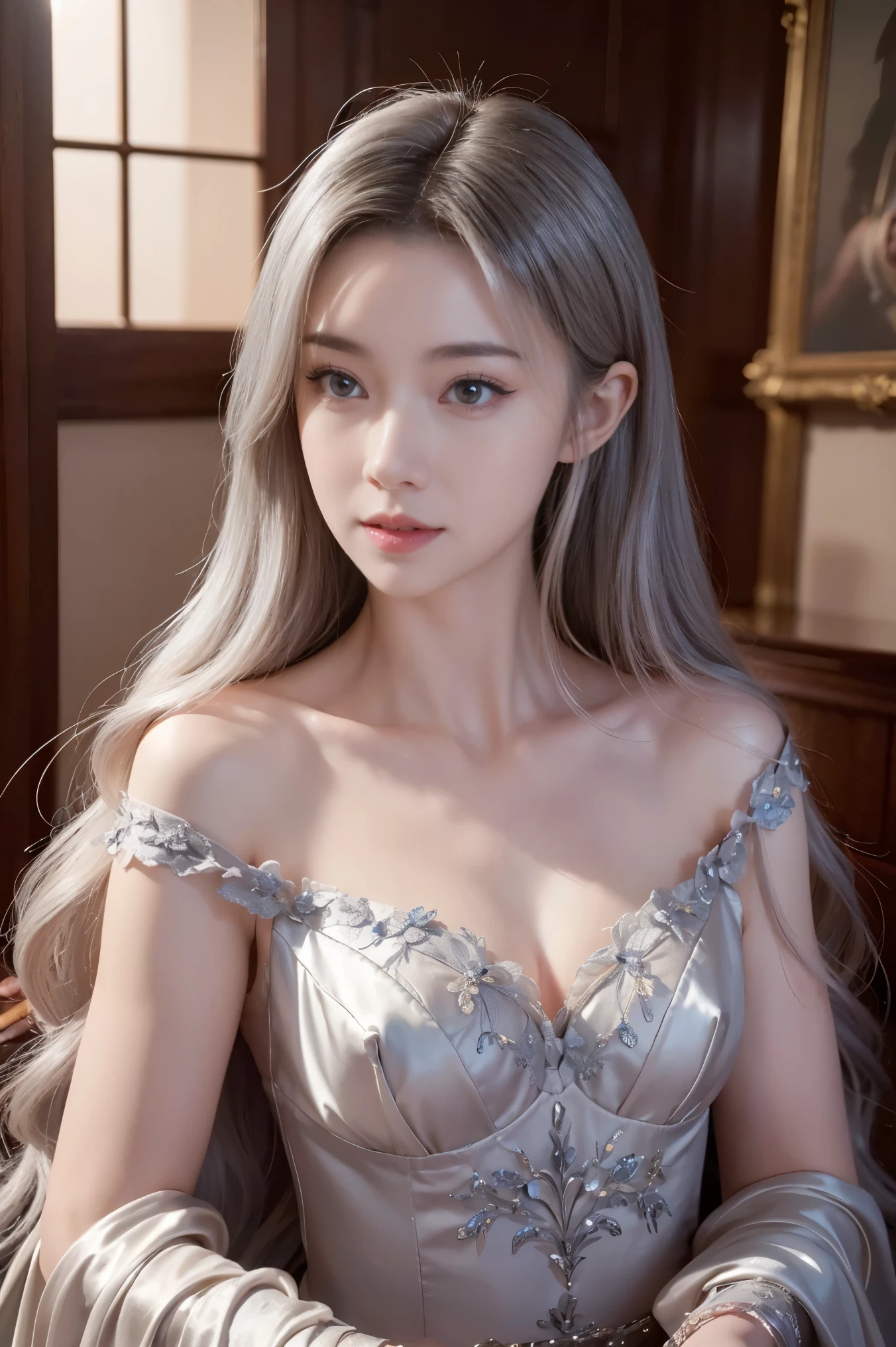 ashelia, photorealistic young medieval silver-haired woman, flat chest, small bust, 8k, medieval palace, A beautiful adult woman with a soft face, perfect brown eyes, detailed face, long eyelashes, silk flower fantasy background, cinematic photorealistic lighting, dramatic night scene, (best quality,4k,8k,highres,masterpiece:1.2),ultra-detailed,(realistic,photorealistic,photo-realistic:1.37),cinematic,dramatic,moody,celestial light