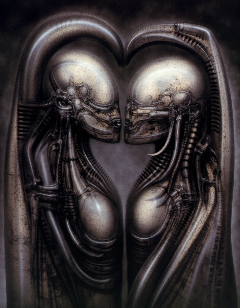 H. R. Giger's , g1g3r, Giger_style, The image is a detailed view of H.R. Giger's \" Li II \" plate, featuring  a close-up of a complex, intricate, and detailed   image features two robotic figures in a close embrace, with one robot's head facing the other robot's head, creating a visual of a heart shape. By Giger in gigeresque style .. The artistic manner would be unmistakably Gigeresque. A dark and unsettling beauty would permeate the piece, blurring the lines between fascination and repulsion , forever haunted by the grotesque allure. Giger's signature artistic manner would be evident in every stroke. The artist has used careful linework to depict the contours and textures in the piece, (Triadic:1.1), (Proportion:1.1),  (Frottage:1.1), (Reflected light:1.2),  ultra detailed, intricate,, dry brush, (surrealism:1.1), (disturbing:1.1),   
AnatomicTech ,vessels, scifi
biomechanical ministry. , (Triadic:1.1), (Proportion:1.1),  , (Reflected light:1.2), Parchment, ultra detailed, intricate,, dry b (best quality:1.4), H.R. GIGER,  BY GIGER

AnatomicTech ,vessels, scifi