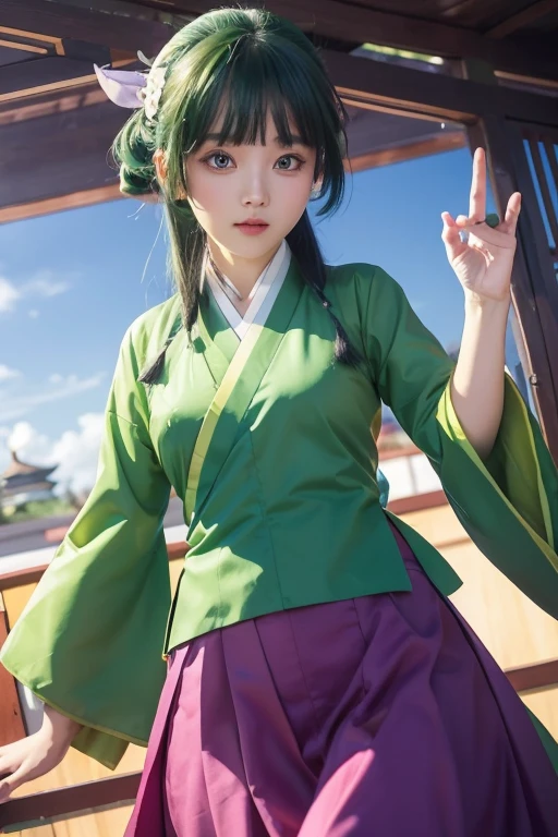 masuter piece, Best Quality, 超A high resolution, top-quality, Anime style, 1girll, Maomao, Chinese style kimono, Green outerwear, Purple long skirt, Blue eyes, Green hair