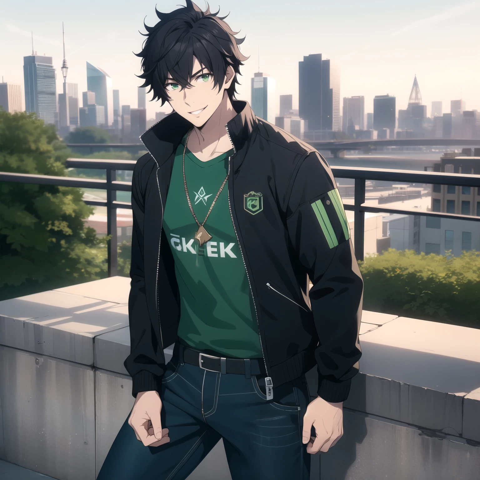 25-year-old male , attractive face . Messy black hair , emerald green eyes, athletic physique , light smile base . green t-shirt , black jacket , denim pants. background a city.