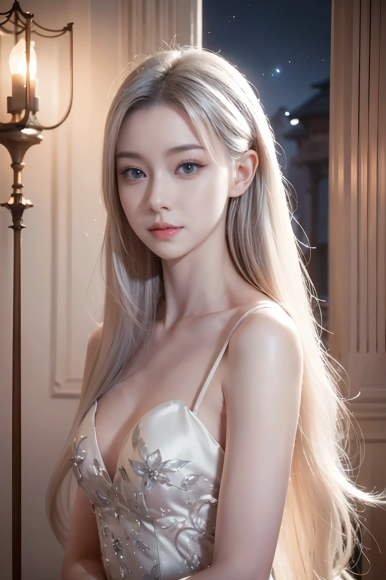 ashelia, photorealistic young medieval white-haired woman, flat chest, small bust, 8k, medieval palace, A beautiful adult woman with a soft face, perfect brown eyes, detailed face, long eyelashes, silk flower fantasy background, cinematic photorealistic lighting, dramatic night scene, (best quality,4k,8k,highres,masterpiece:1.2),ultra-detailed,(realistic,photorealistic,photo-realistic:1.37),cinematic,dramatic,moody,celestial white light