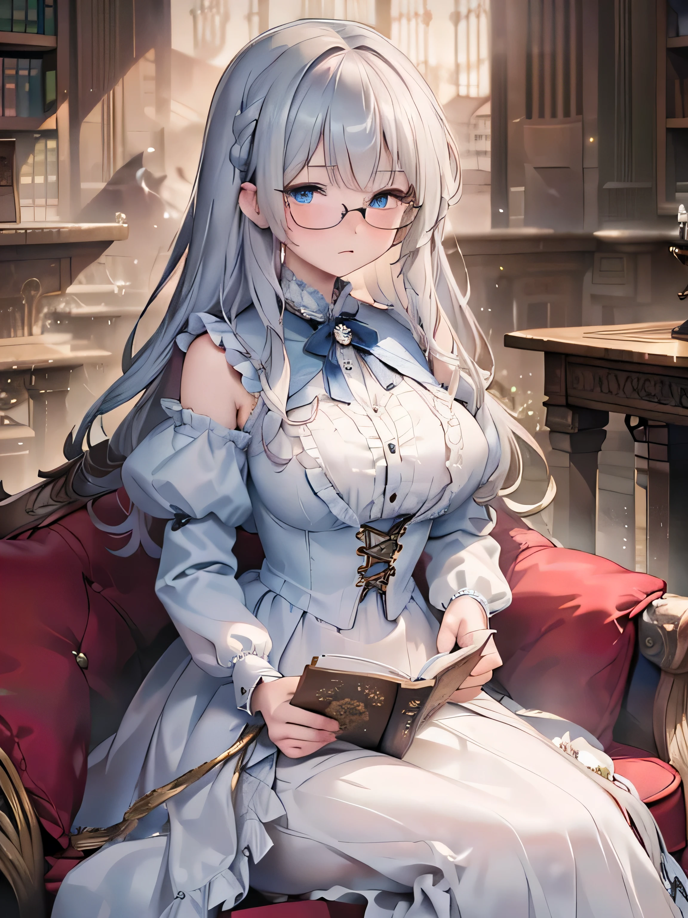 masterpiece,  best quality,  Very detailed, 8k,   ultra high resolution,  COWBOY SHOOTING ,  one girl who is at ease,  detailed face , Perfect means,  blue eyes, Glasses,  silver hair , Long Hair,   braiding , Silk dress, A Western-style building with a sense of luxury, library, Bookshelf, table, ( sit on a chair:1.4), read, victorian dress