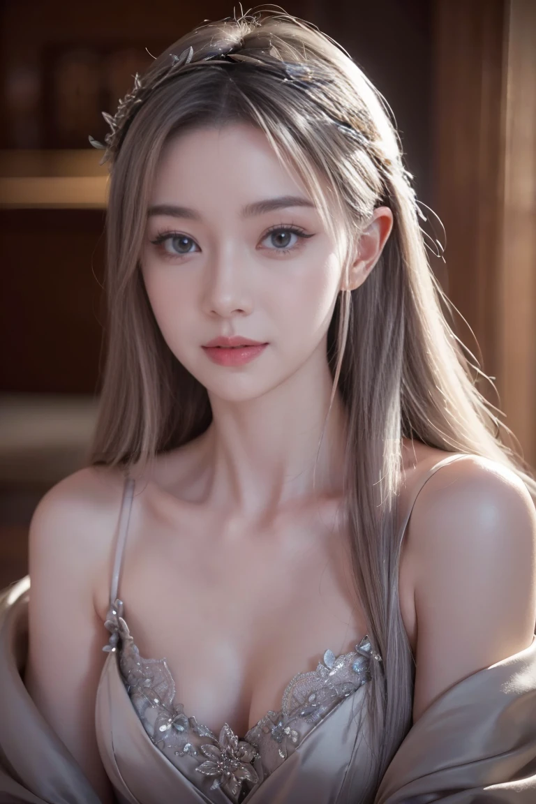 ashelia, photorealistic young medieval silver-haired woman, flat chest, small bust, 8k, medieval palace, A beautiful adult woman with a soft face, perfect brown eyes, detailed face, long eyelashes, silk flower fantasy background, cinematic photorealistic lighting, dramatic night scene, (best quality,4k,8k,highres,masterpiece:1.2),ultra-detailed,(realistic,photorealistic,photo-realistic:1.37),cinematic,dramatic,moody,celestial light