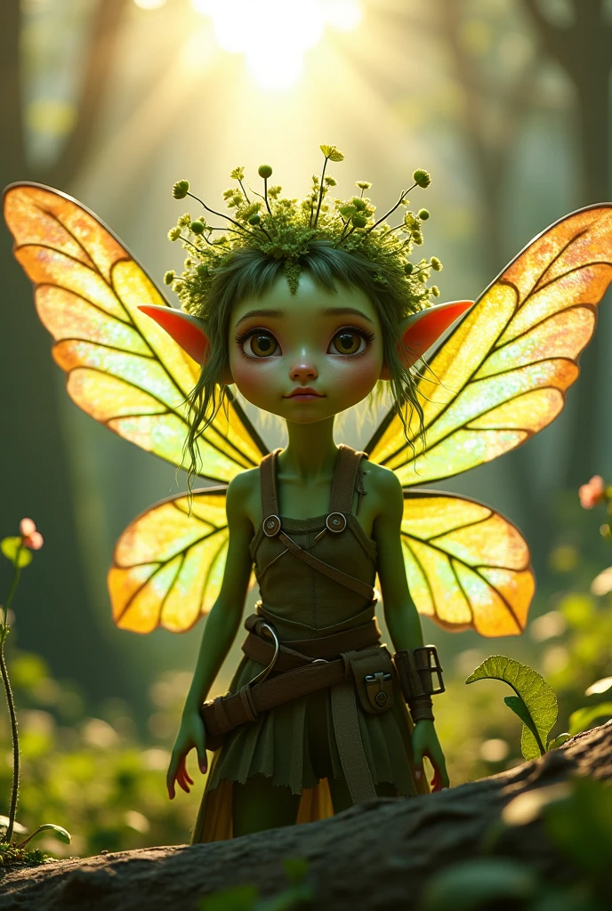 Jungle elves，Wood spirit，Golden-green fluorescent antennae，Cute elves，Small chalet，As night fell