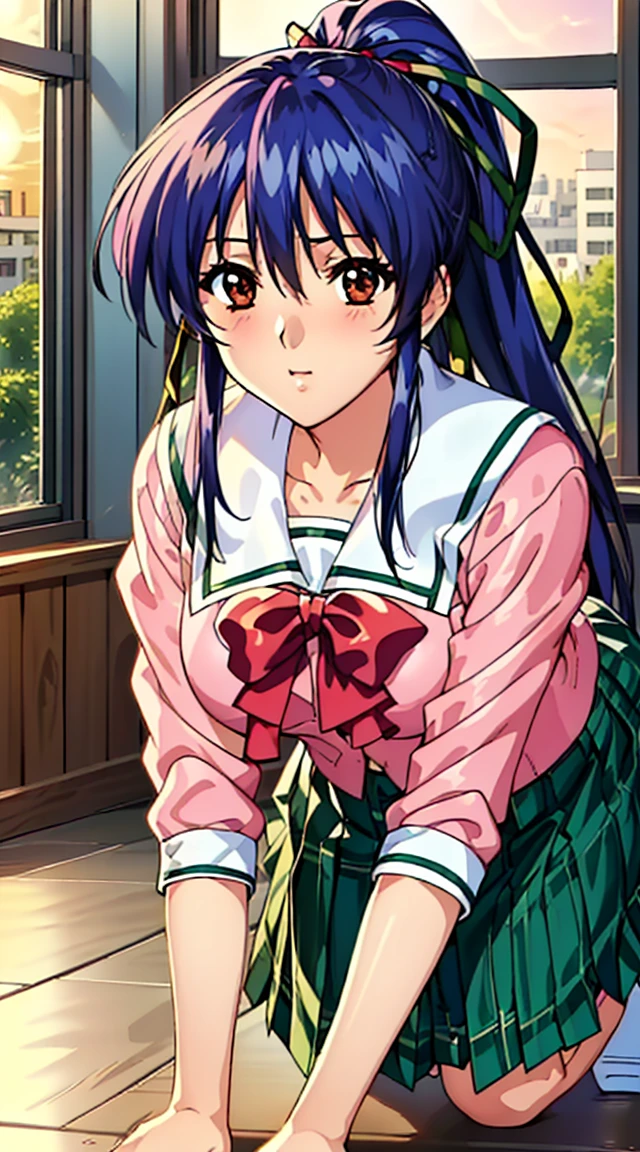 ((masutepiece, Best Quality, hight resolution, nffsw, Perfect Pixel, 4K, nffsw, nffsw))), 1girl in, Single, Solo, Beautie、full body seen、 ((Middle Wave Hair, Bangs, Blue hair)), ((Brown-eyed, Beautiful eyelashes, Realistic eyes)), ((Detailed face, Blushing:1.2)), ((Smooth texture:0.75, Realistic texture:0.65, Photorealistic:1.1, Anime CG style)), medium breasts, Dynamic Angle, Perfect body, ((red bowtie, School uniform, , White shirt, green skirt, plaid skirts))、train station stairs、Windy、Very embarrassing panic smile、turned around、I can see her butt sticking out in front of me..、Looking up from the bottom of the stairs、 (The wind pulled up my skirt、Touch the skirt with both hands、、You can see all the buttocks、Pink floral panties)、