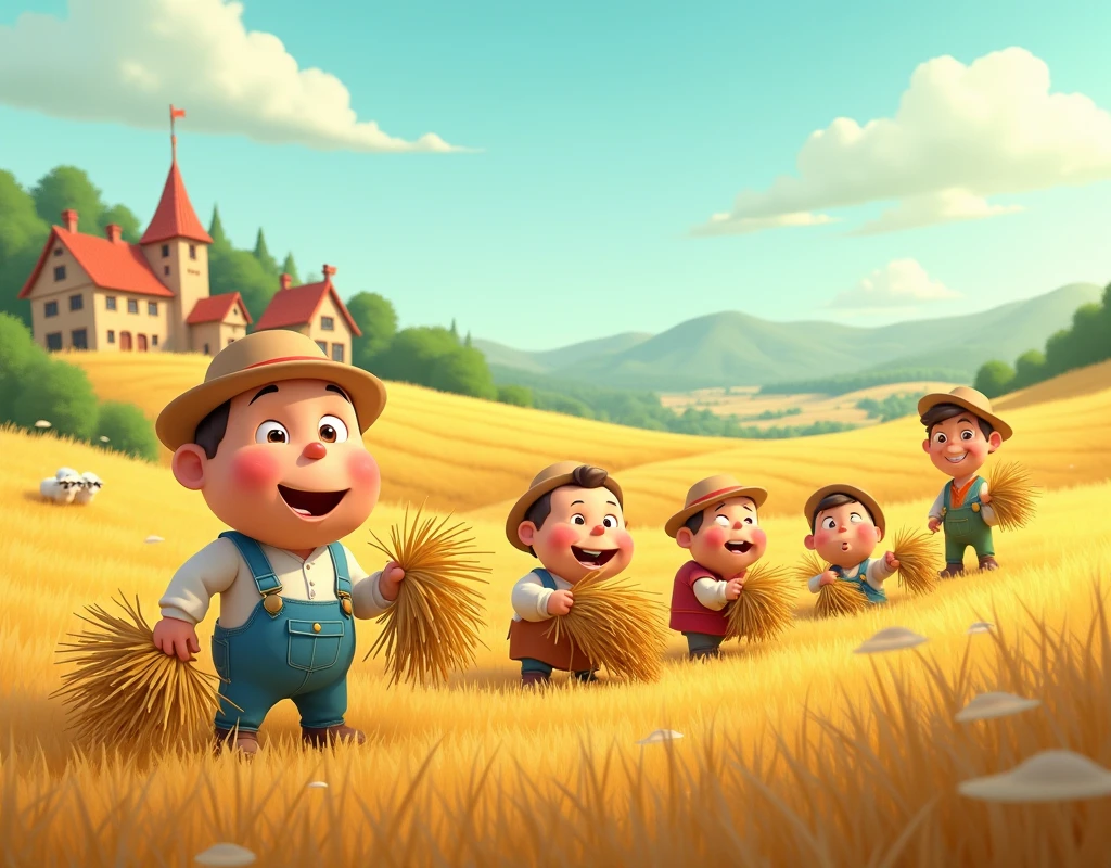  cute cartoon-style rural idyll ,Pixar,  funny little men collect hay ,  in the distance, a funny shepherd herds sheep ,  a funny village of fun houses on the left, idylistic picture , occurative cultivated fields ,sweet kind landscape ,  incredible quality , Desktop wallpapers