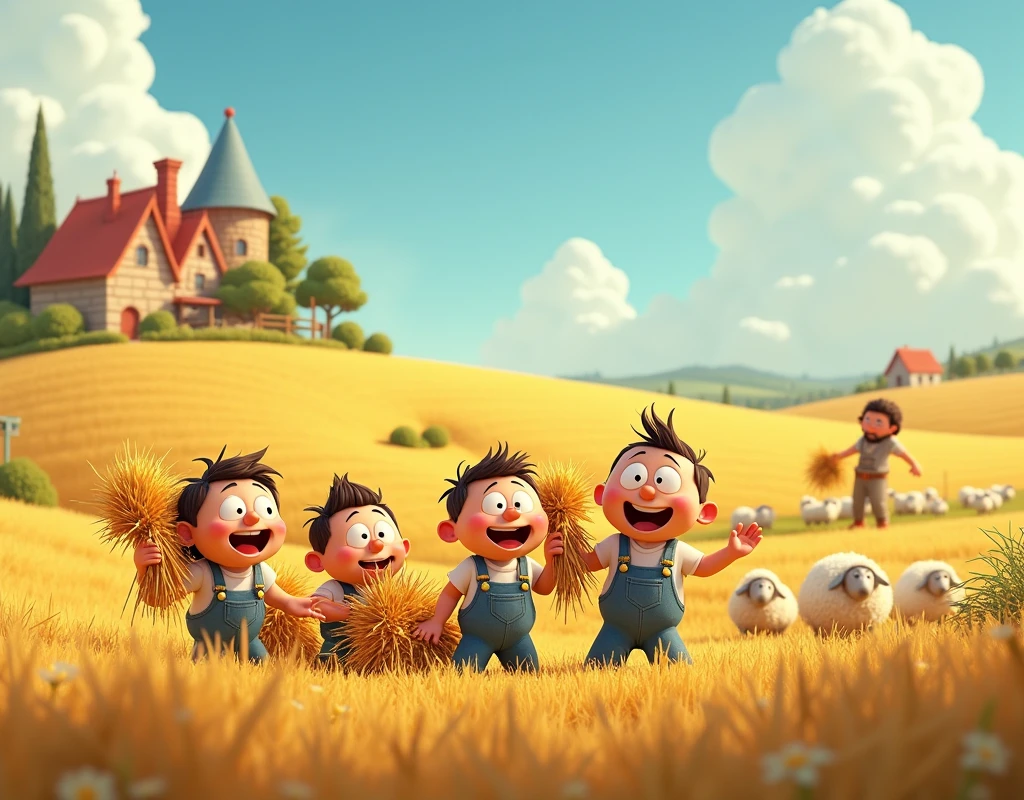  cute cartoon-style rural idyll ,Pixar,  funny little men collect hay ,  in the distance, a funny shepherd herds sheep ,  a funny village of fun houses on the left, idylistic picture , occurative cultivated fields ,sweet kind landscape ,  incredible quality , Desktop wallpapers