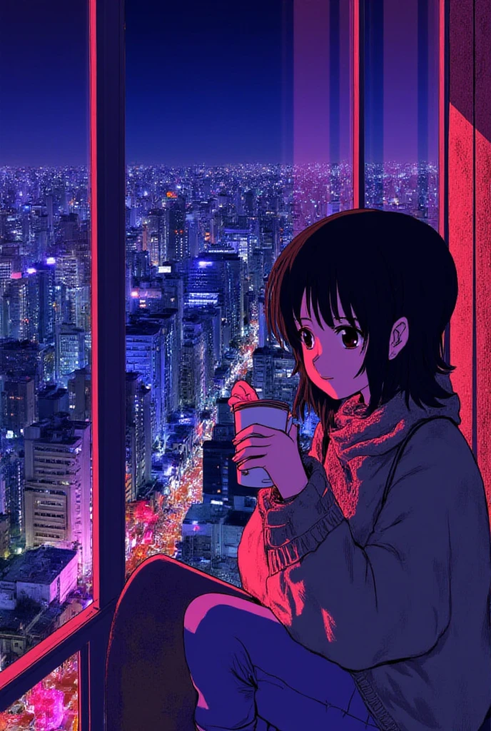 80's、comics、Balcony、Night view、girl、winter、Mug、cocoa、cute、Black Hair、Tokyo、80'sアニメーション、