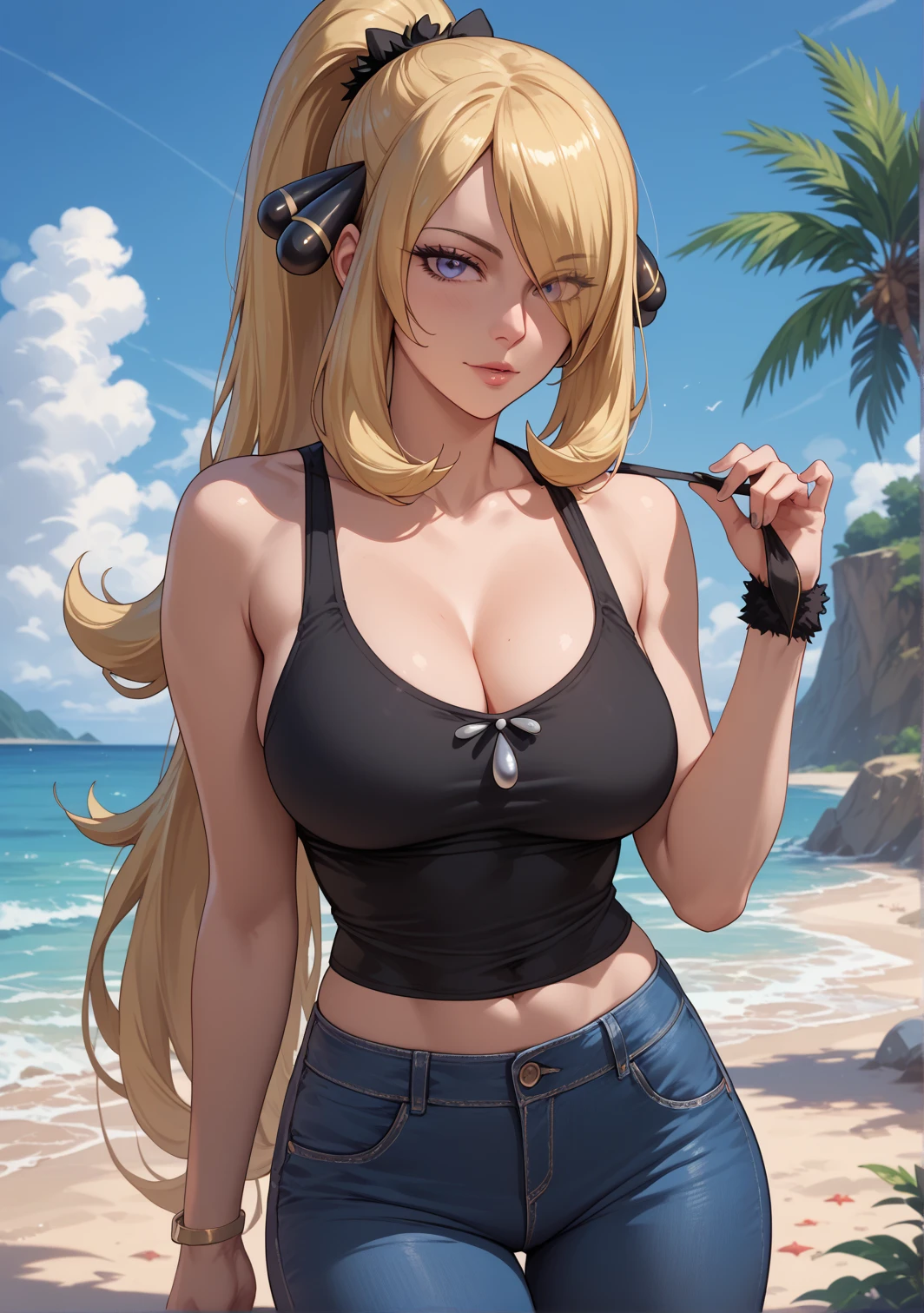 Cynthia(Pokémon),Beautiful girl,adult,Ponytail,thin, Black Tank Tops ,Blue jeans,beach, front view ,