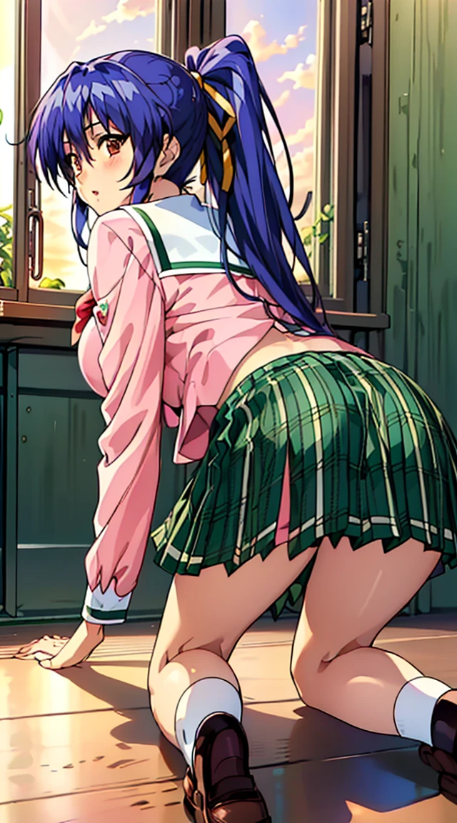 Kyoka Jiro, teen, pleated green mini skirt, thighs, white mid thigh stockings, upskirt, camel toe, panties rosa, topless, big breasts, small nippless, in front of mirror, perfect body