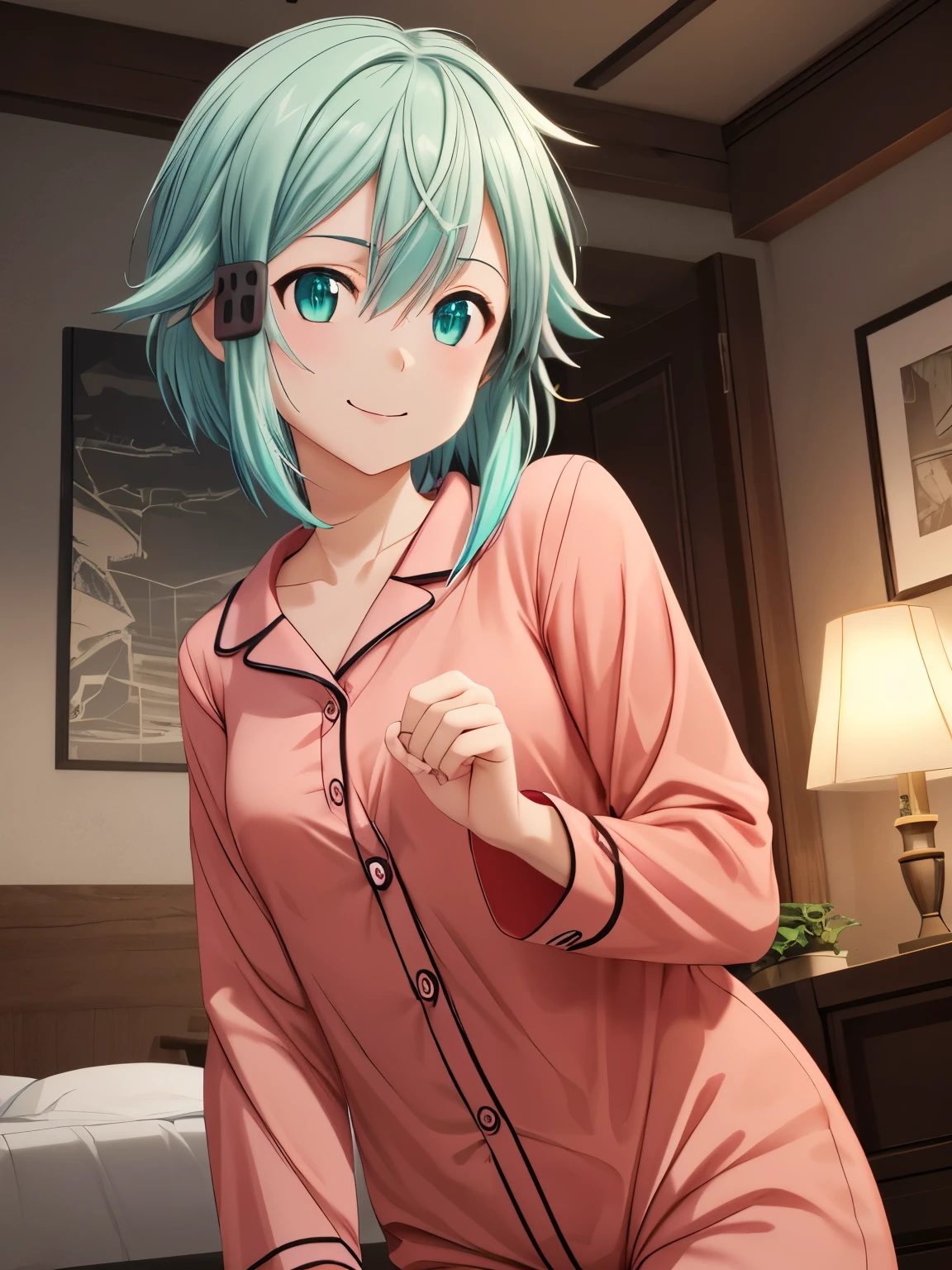  high definition 、 best quality、 super quality、Chinon、3D Images、 one girl who is at ease、solo、 shot from the front、 green hair、 short hair 、 bob cut from the front、、 very detailed CGユニティ8k壁紙、[3D Images:1.1]、 charming eyes、 [ detailed eyes on board、 colorful eyes、Shining Eyes:1.5]]、 super detailed、Detailed front view of fingers 、 cinematic lighting 、Chinon、bedroom、bet、Red pajamas、 in pink pajamas、 closed mouth、smile、  very detailed face in light blue underwear、  very detailed CG、 cowboy shot