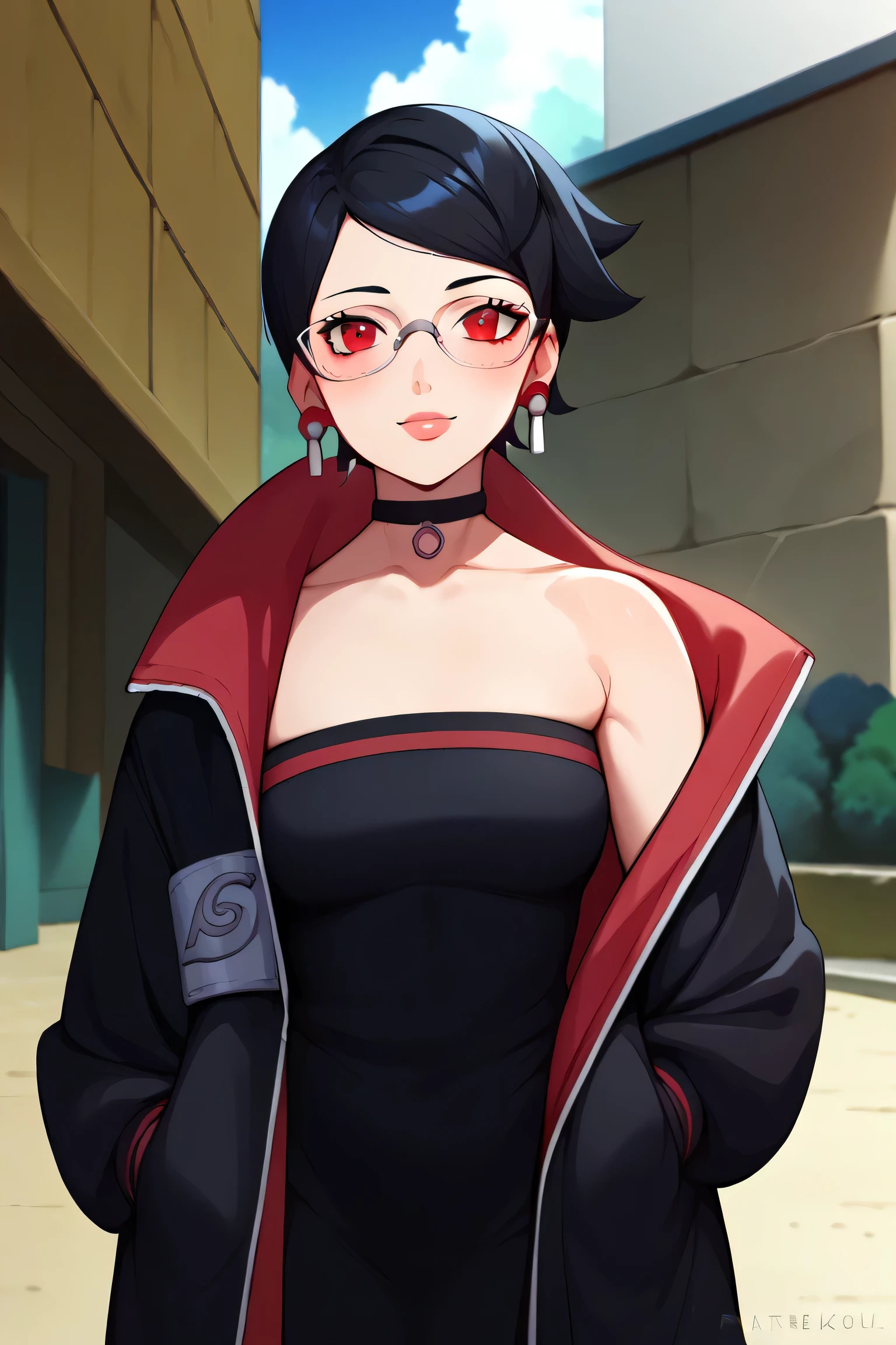 score_9, score_8_up, score_7_up, score_6_up, score_5_up, score_4_up, rating_questionable, , source_anime, digital illustration, pixiv, fanbox, uncensored, , BREAK, official art,
1girl, solo, mature female, sarada, black hair, red eyes, short hair, swept bangs, choker, glasses, earrings,
black jacket, black dress, off shoulder,  upper body, blush, waving,, outdoors, cowboy shot, looking at viewer, colorful, vivid    