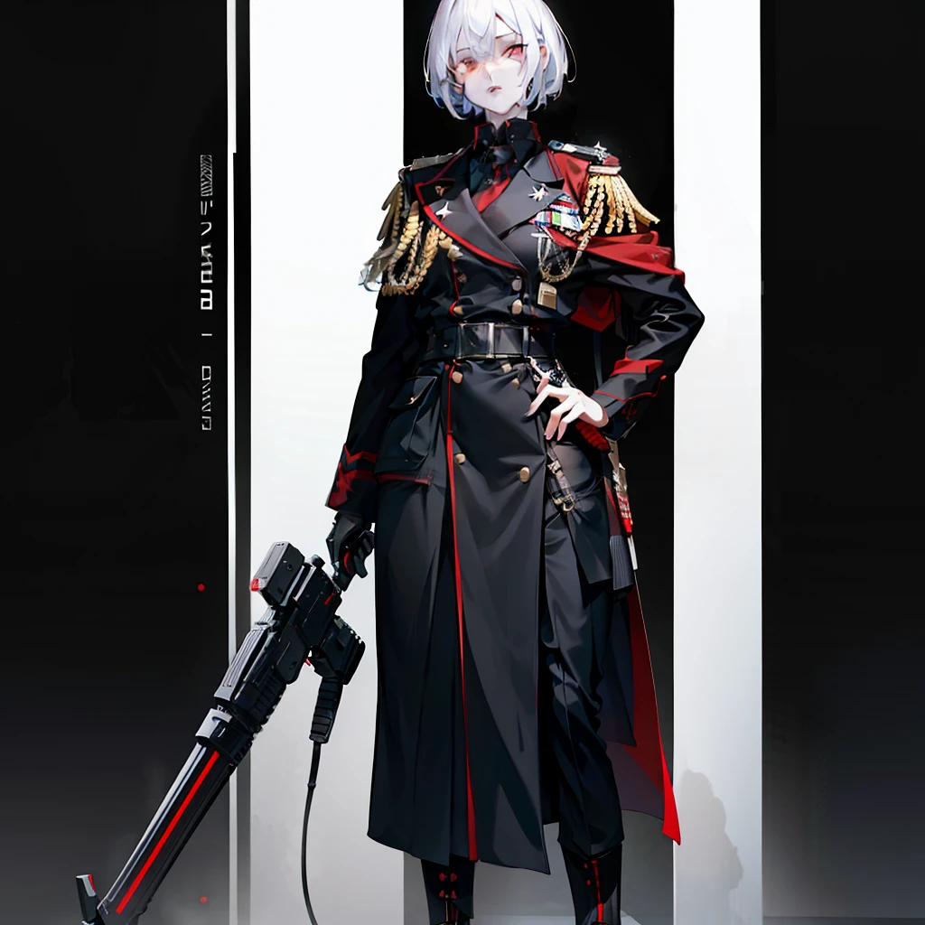 1woman, cool, white hair, red eyes, tall, mature, modern, wearing completely black military uniform, full body, isolated on completely pitch black background, high res, ultrasharp, 8K, masterpiece, looking at viewer, HDR, sharp focus, absurdres,