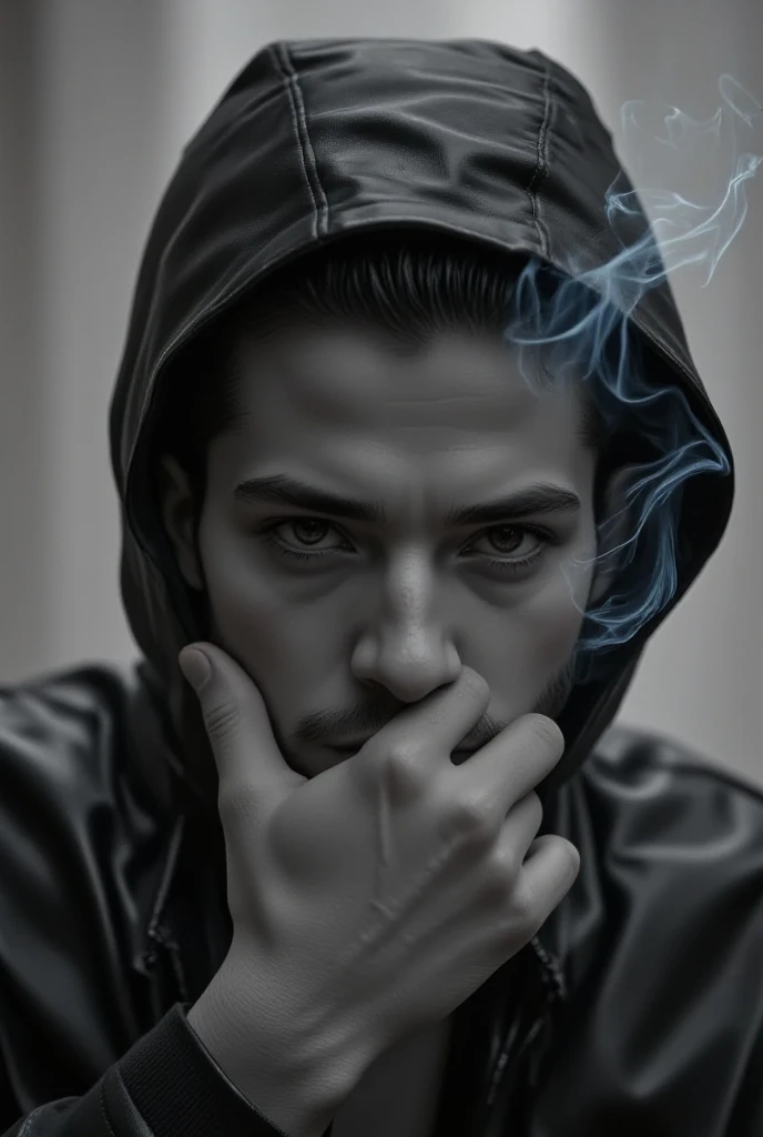 a close up of a man with a hood on de fumar a cigarette, una foto en blanco y negro de Daniel Gelon , tumblr, bellas artes, dramatic de fumar pose, thick Fumar a su alrededor, Fumar a su alrededor, orelsan, ardor intenso, humo intenso, de fumar, con cigarro, he is de fumar a cigarette, humo de la boca, soplando humo, con humo