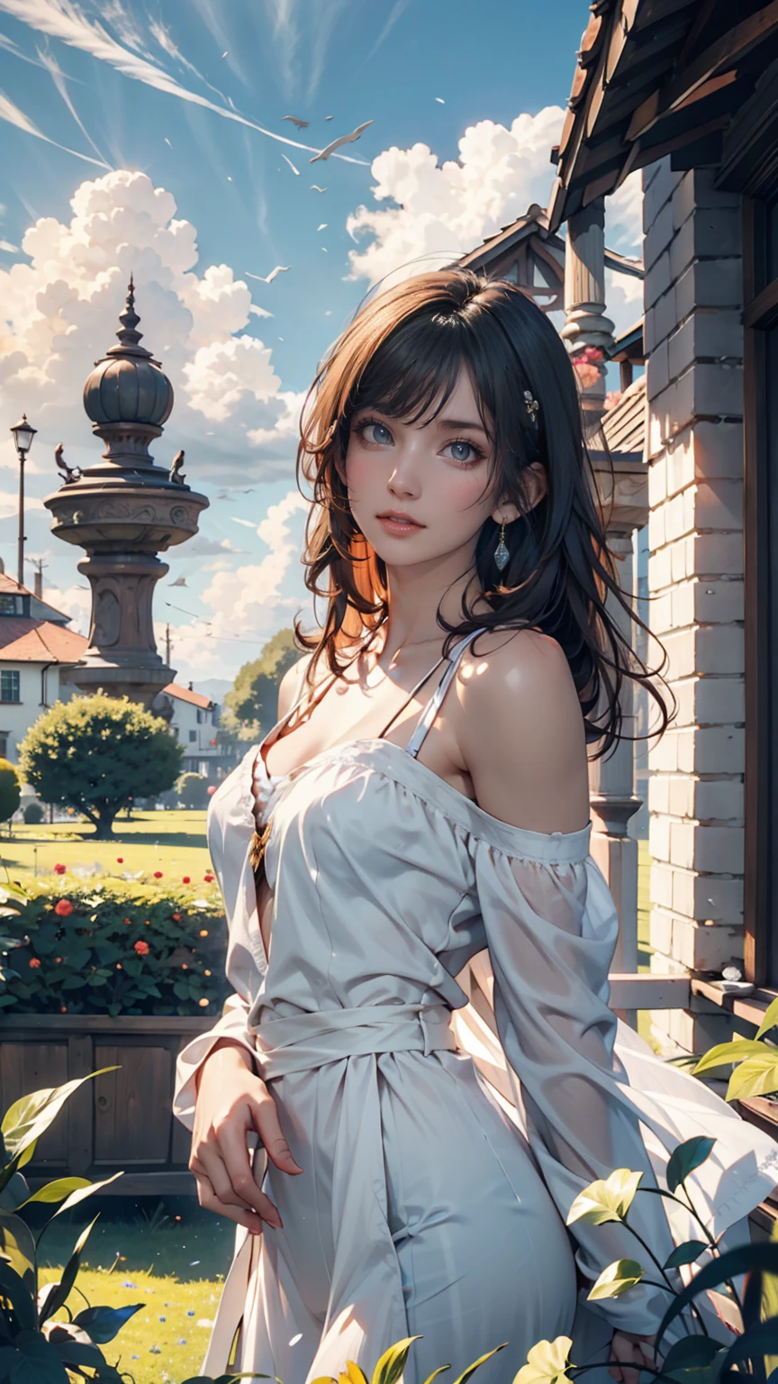 a teenage boy with dark purple hair and shock hairstyle, purple eyes, standing in a rural village, accompanied by a young girl with black long hair, both with perfect proportions, brilliant, cold expression,(best quality,4k,8k,highres,masterpiece:1.2),ultra-detailed,(realistic,photorealistic,photo-realistic:1.37),ghibli style scenery background,extremely detailed face,conjunctivitis,dramatic lighting