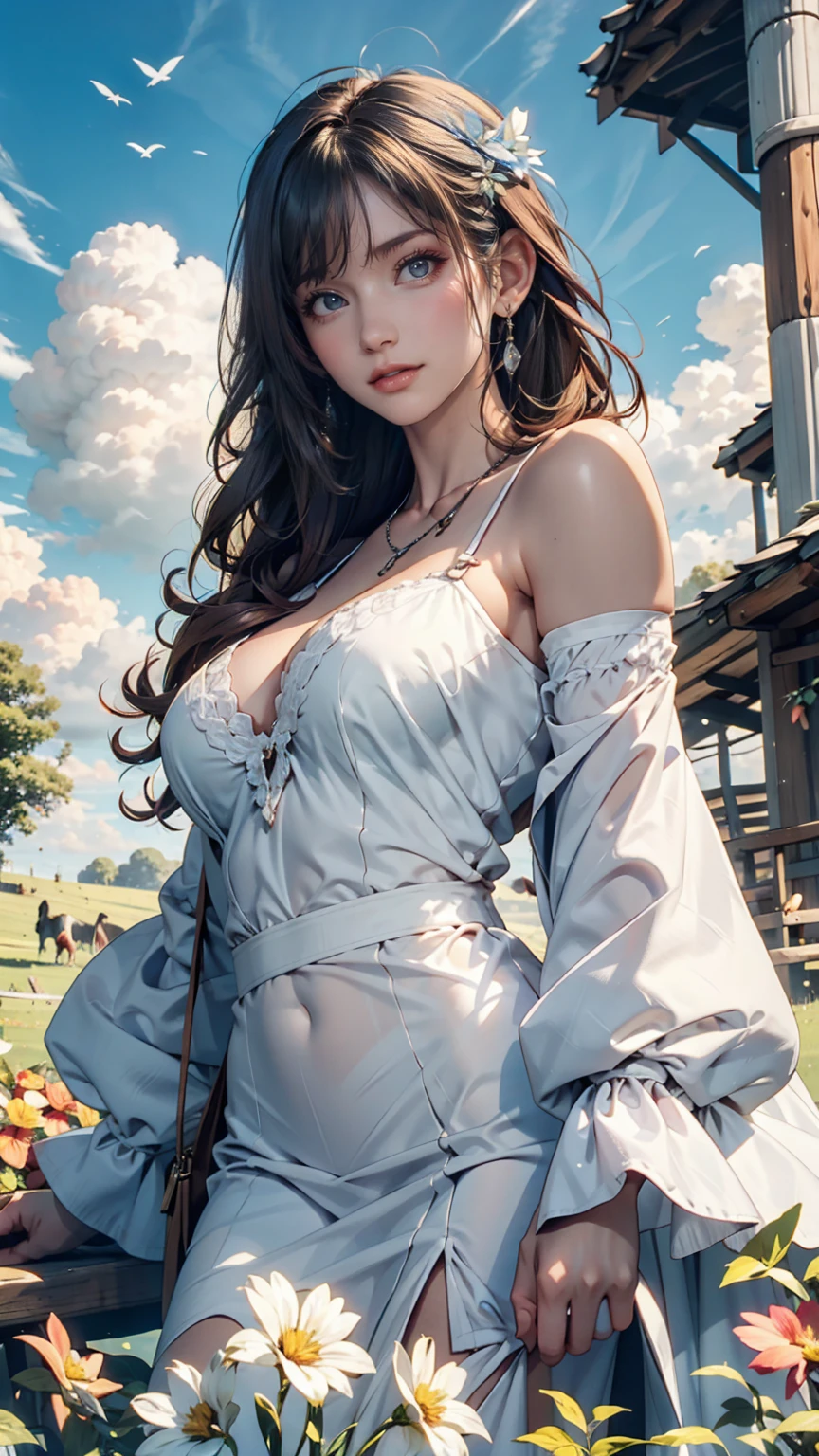 Beautiful short hair brunette woman is shown to have a sexy figure. She is wearing a  beautiful detailed printed spring off shoulder flowy dress, jewelry, red highlights, she has gray eyes,Girl standing outside in a field, sexy session, poseing,exposed cleavage, cowboy shot, superior quality, many details, realistic