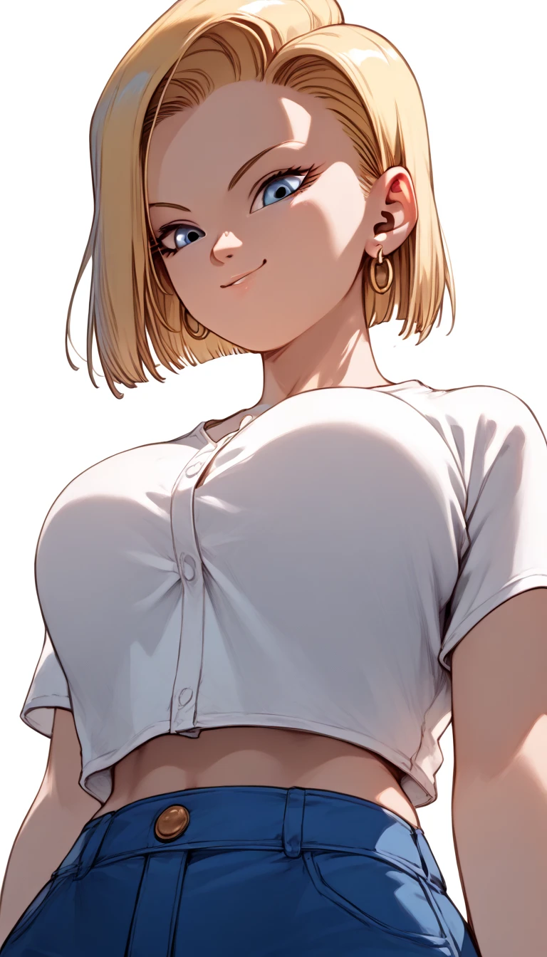 best quality, highres, 1girl, android 18, solo, blonde hair, blue eyes, short hair, earrings, large breasts, large breasts, from below, smile,  sexually dominant woman