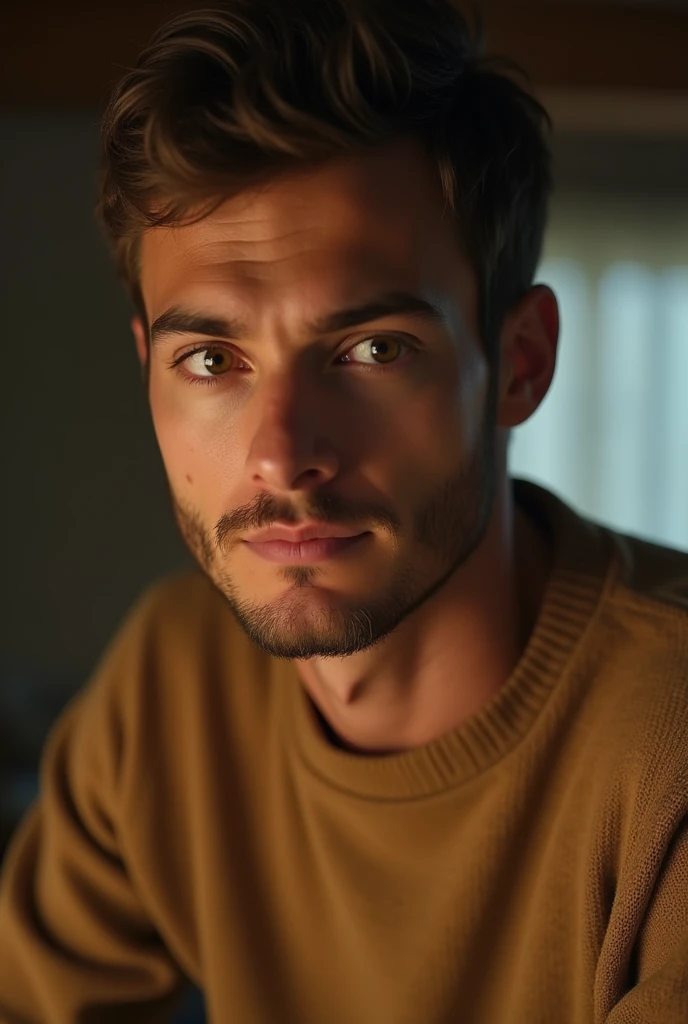 Portrait of a good-looking 35-year-old adult man, with himself as the main subject. He is in an indoor environment, suggesting a bedroom, with warm, soft lighting, suggesting the artificial light of a lamp. He should have short, slightly wavy dark brown hair and a sparse beard evenly distributed across his face, as well as a serious, thoughtful expression, looking directly at the camera. The focus should be on his face and eyes, which are slightly off center. The light should enter sideways from the left, creating soft shadows that highlight the angular features of the face. The background should be out of focus, with a soft bokeh, showing elements such as windows, a bed, a chest of drawers and a painting on the wall. The color palette should be dominated by warm tones of gold, orange and brown, creating a warm and introspective feeling. The depth of field should be wide, isolating the main subject from the background, and sharpness should be maximum in the face and eyes, while the rest of the image is blurred. The photograph must capture extreme detail, with a high-quality rendering in 8k, with professional photographic quality and attention to detail that conveys the realism of a room, introspective atmosphere, bokeh, soft and diffused lighting.