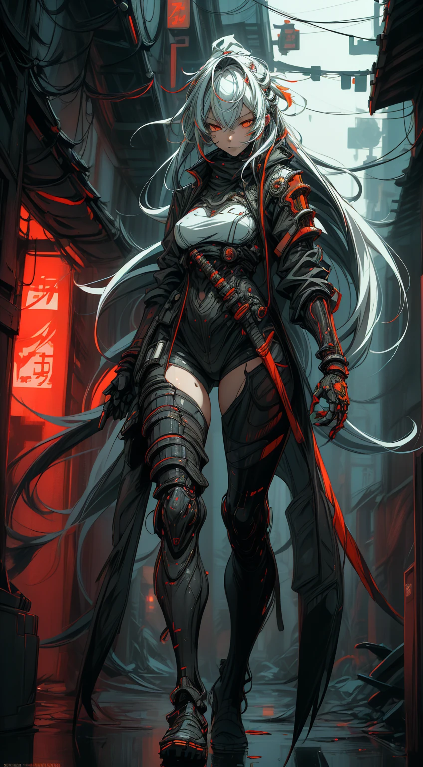 full body shot, Style by Tsutomu Nihei, ( high resolution:1.18),  complex details, ( masterpiece:1.1), ( Qualité supérieure :1.1), absurdres),(1fille, portrait, white hair, orange eyes,  Long Hair,  detailed eyes)