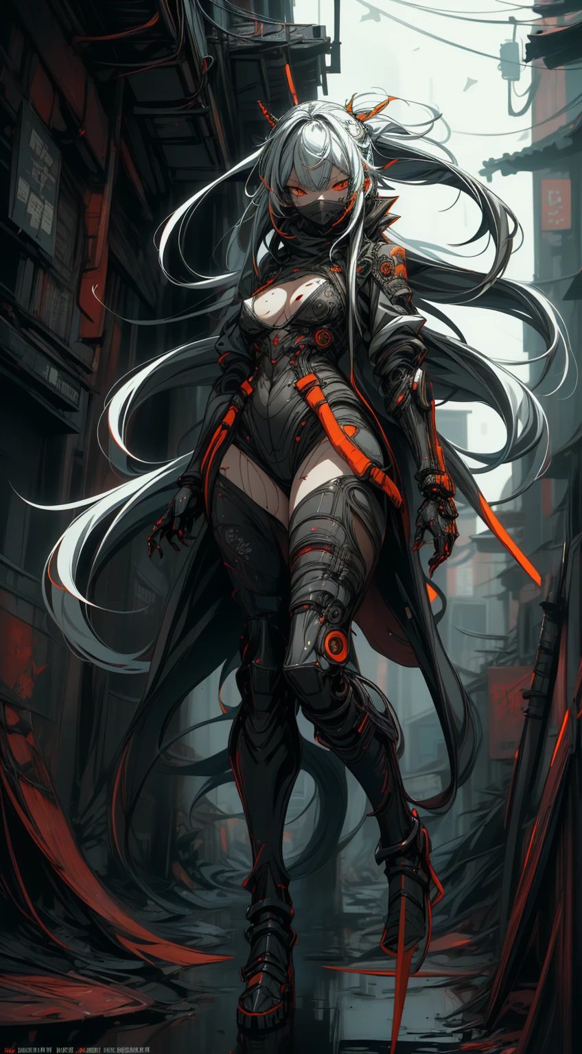 full body shot, Style by Tsutomu Nihei, ( high resolution:1.18),  complex details, ( masterpiece:1.1), ( Qualité supérieure :1.1), absurdres),(1fille, portrait, white hair, orange eyes,  Long Hair,  detailed eyes)