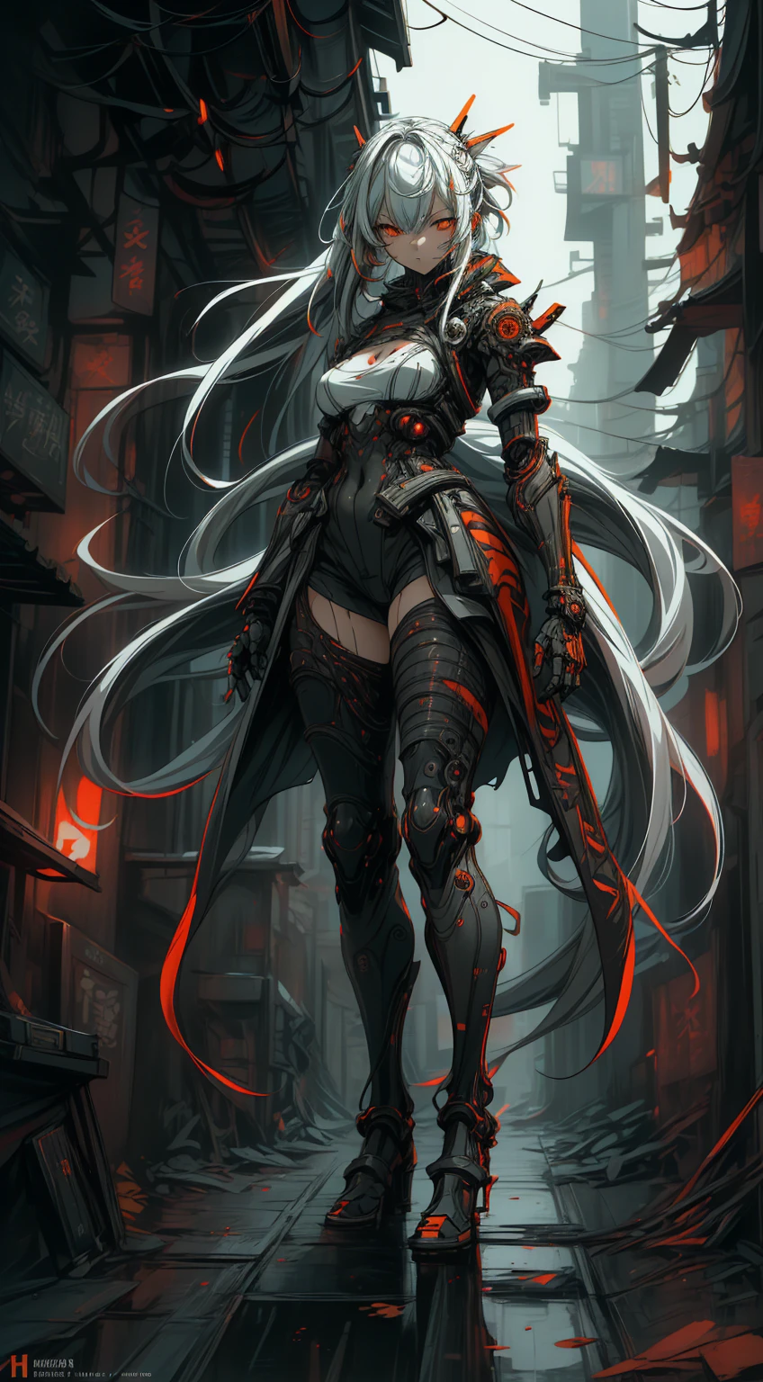 full body shot, Style by Tsutomu Nihei, ( high resolution:1.18),  complex details, ( masterpiece:1.1), ( Qualité supérieure :1.1), absurdres),(1fille, portrait, white hair, orange eyes,  Long Hair,  detailed eyes)