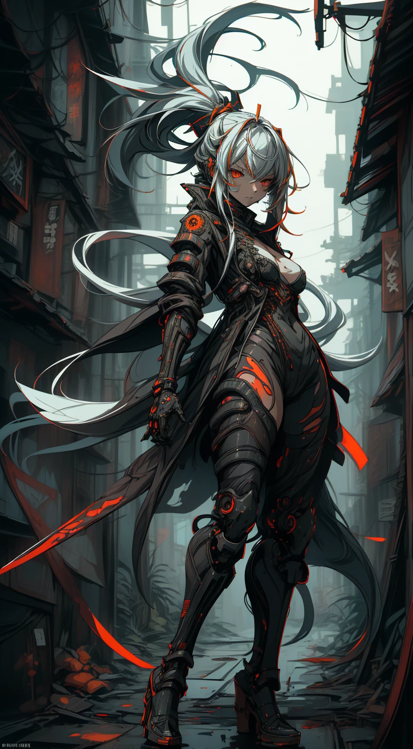 full body shot, Style by Tsutomu Nihei, ( high resolution:1.18),  complex details, ( masterpiece:1.1), ( Qualité supérieure :1.1), absurdres),(1fille, portrait, white hair, orange eyes,  Long Hair,  detailed eyes)