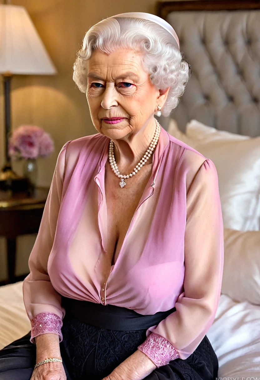 (queen elizabeth 90yo sitting on bed:1.4),(huge saggy breasts), (sensual expression:1.4), (look down:1.4), (pink chiffon open shirt:1.5), (from belove:1.4) 