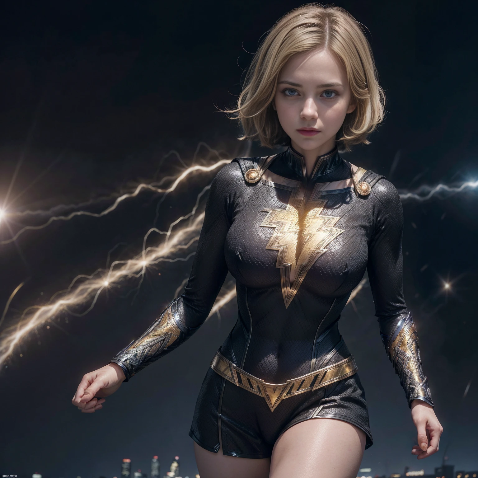 Emma Myers as Mary Marvel  wearing black shazamsuit, Perfect Facial Features,((big breasts)), photo portrait, hyper realistic, ideal face template, full body, (short hair), ((blonde hair)),superhero pose, Fujifilm X-T3, 1/1250sec at f/2.8, ISO 160, 84mm, bokeh city background.