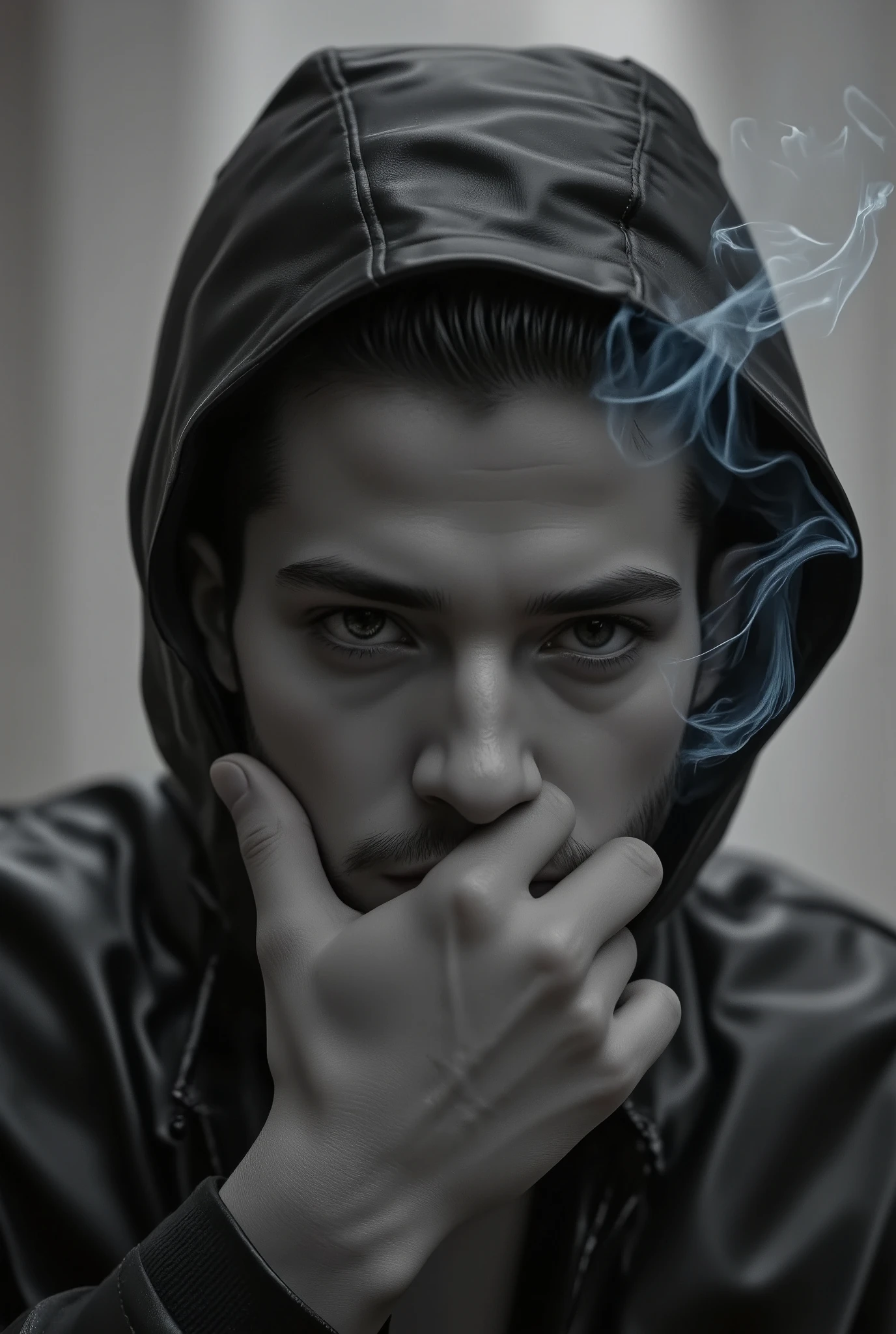 a close up of a man with a hood on de fumar a cigarette, una foto en blanco y negro de Daniel Gelon , tumblr, bellas artes, dramatic de fumar pose, thick Fumar a su alrededor, Fumar a su alrededor, orelsan, ardor intenso, humo intenso, de fumar, con cigarro, he is de fumar a cigarette, humo de la boca, soplando humo, con humo