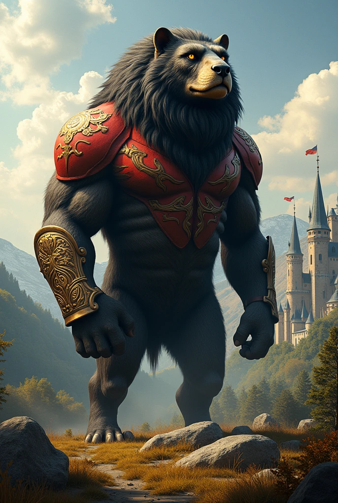 furry, fur taur, beartaur, middle-aged, 1man,  solo, hairy, arm_hair, leg_hair, short_hair, old, old_man, cloak(grey), pectorals, large_pectorals, detailed face, bear ears, bear eyes(brown), bear nose(black), bear mouth, garibaldi beard(grey), mature hair(grey), detailed arms, thick arms, muscular, muscular_male, nipples, thick hands(5 fingers), detailed body belly, thick body, muscle belly(white), thick chest, chest hair(grey), detailed taur body, thick taur body, thick bear paws, thick bear tail, full body shot, sunset, standing on the beach