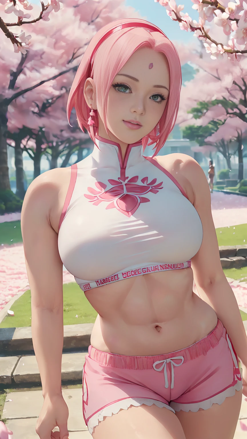 ((large and saggy breasts)) (( Sakura Haruno beautiful  )) (short pink hair, mark on the head,  red hair band , Cute earrings), crooped sporty , tight clothes,  beautiful detailed greenish eyes ,  double eyelids , detailed iris,  light effect on the eyes , ( (red hood, Defined abdomen,  white shorts with delicate fabric embroidery )) ((hyper detailed, 16k, masterpiece, hyper realistic,  perfect lighting ,  effect of light and shadow on the skin , sharp focus,  soft lighting ) ), , light skin, woman of superior beauty,  handsome and sensual , is in love, alluring smile (( have a curvaceous body with beautiful remarkable curves,  with large breasts toned body,)) ((variable sexy poses , in the park,  cherry blossom petals in the air ))