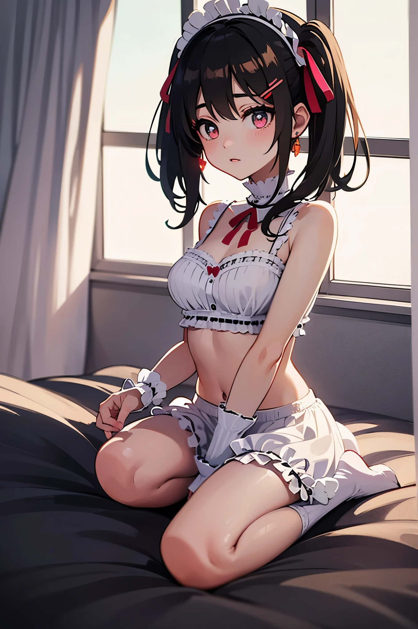 A beautiful ****ta girl sitting in a room next to a window, anime girl, bedroom, pastel color, pink two-piece frilly lingerie, beautiful sexy body, beautiful legs, full body, big rounds breasts, twintails, hairclip, ribbon, ****ta choker, ****ta hairband, glowing eyes, pupils sparkling, longeyelashes, heart earrings, shy, blush, glossy lips, Surrealism, high detail, anime, Minimalism, anime style, cinematic lighting, glowing light, dithering, image fill, first-person view, multiple views, cowboy shot, perspective, lens flare, Wide-Angle, f/2.8, 85mm, Nikon, 8k, super detail, UHD, retina, masterpiece, accurate, anatomically correct, textured skin, high details, best quality, highres, 16k