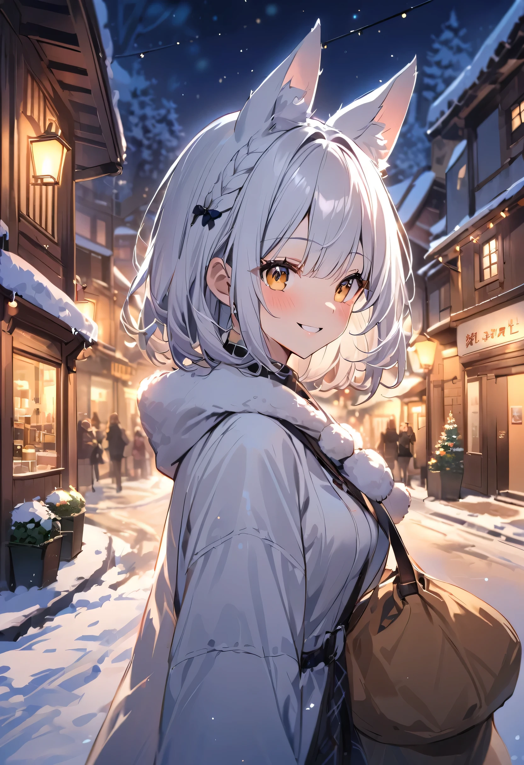 Winter Town , Beautiful night view ,smile,Girl with dog ears,White Hair,As I turned around