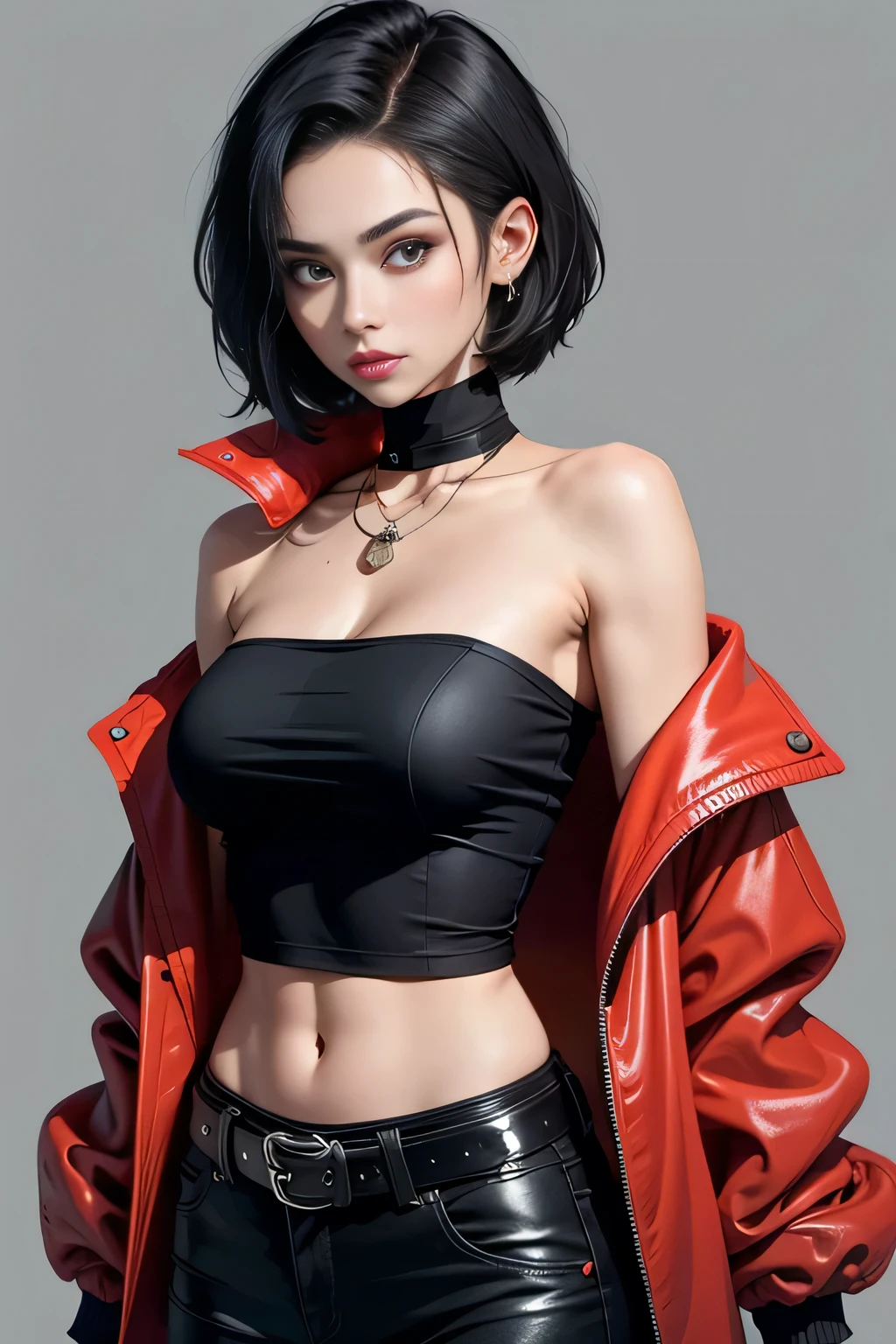 (woman in her 20s, (Korean), (perfect face), defined jawline, beautiful lips, (beautiful bright red eyes), (short black bob haircut, straight bangs), (athletic body), (sexy), (perfect hands), (red blazer, shirtless:1.2), (cleavage), (black leather pants:1.2), (sitting on a sofa, relaxed, seductive), warm lighting, looking at viewer, (medium shot photograph), (dark gangster club background), photorealistic)
