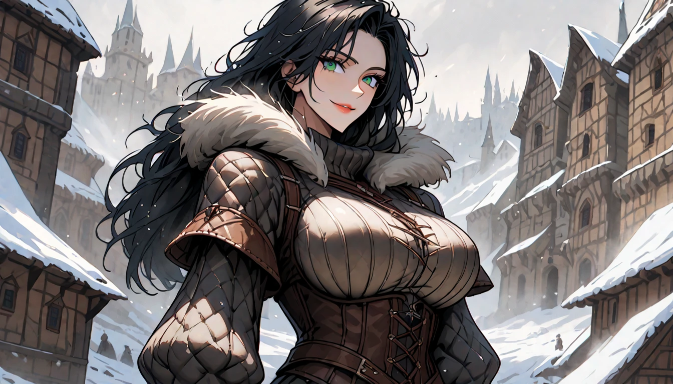 female, solo, long hair, wild hair, black hair, silver streaks in hair, pale skin, scars, green eyes, muscular, exceedingly strong, 7 foot tall, giantess, mischievous smile, warm, huge breasts, wild clothes, large female, medieval, small town, winter, fur coat 