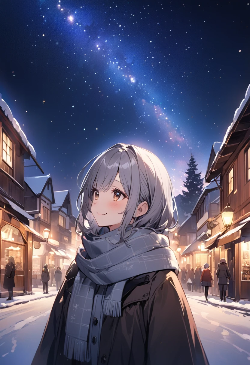 Winter Town , Beautiful night view ,smile,girl with dog ears,Gray Hair, look up at the starry sky