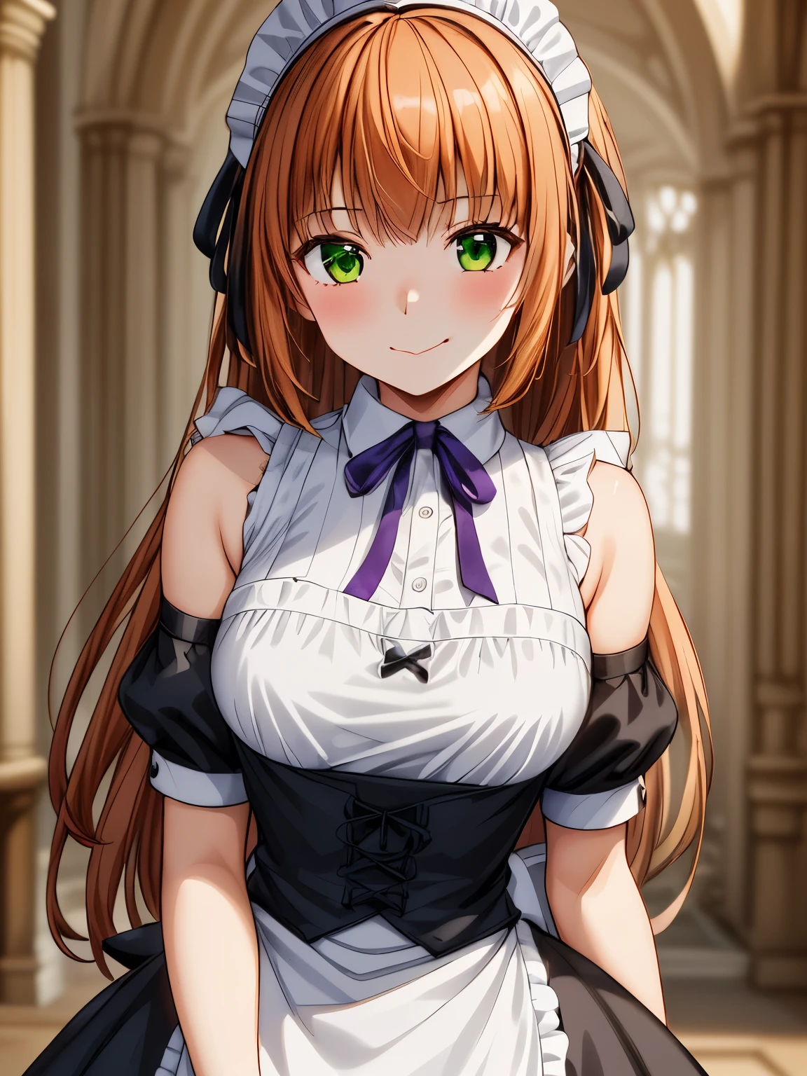 masterpiece,  best quality,  high definition 、  1 girl,solo、Luminous_Valentine、 brown hair、  orange hair, Long Hair,  Sweep Bang , yellow-green eyes, ( purple ribbon : 1.2), Big beautiful eyes, Cute mouth ,  Victorian Maid Outfit:1.2、 closed mouth、smile、Embarrassed,  flared skirt showing right shoulder, whole body