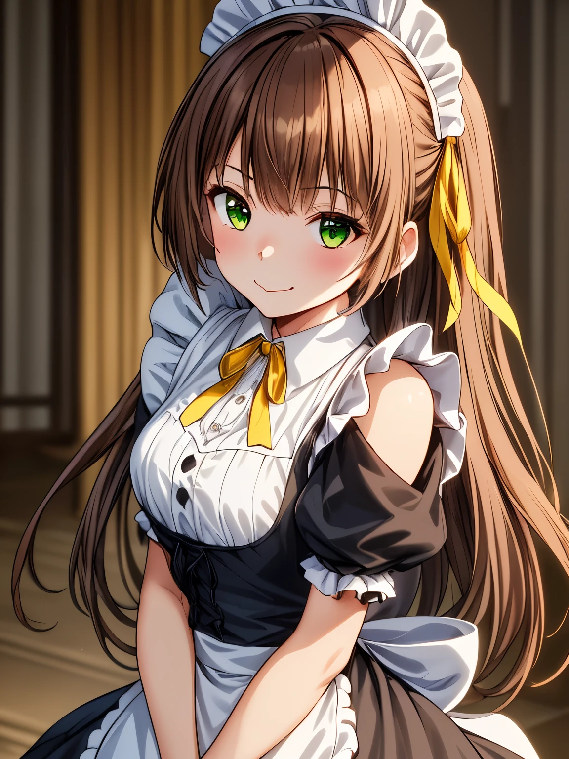 masterpiece,  best quality,  high definition 、  1 girl,solo、Luminous_Valentine、 brown hair、  orange hair, Long Hair,  Sweep Bang , yellow-green eyes, ( purple ribbon : 1.2), Big beautiful eyes, Cute mouth ,  Victorian Maid Outfit:1.2、 closed mouth、smile、Embarrassed,  flared skirt showing right shoulder, whole body