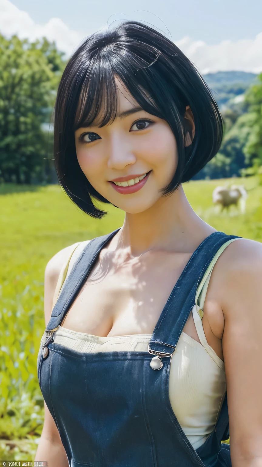 (Pastoral Idyll:1.5), (Beautiful girl busty gravure idol wearing overalls in the countryside:1.3), (black hair color:1.5), (short hairstyle:1.5), (constricted waist:1.3), (full bodyesbian:1.3), (Smiling:1.3)