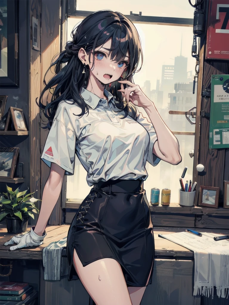 (masterpiece, best quality:1.2), 1 girl, alone , sexy , (office_black_skirt), (white_oxford_shirts:1.2),(office look female) ,cowboy shot, black hair ,hair bun, (Sweat),  (office_background)  