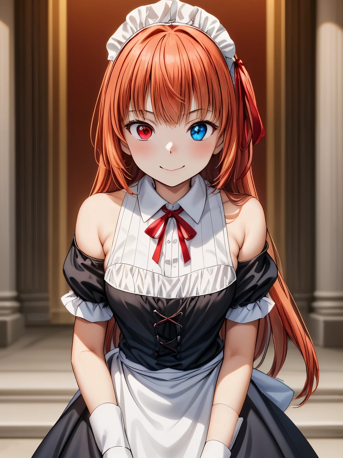 masterpiece,  best quality,  high definition 、  1 girl,solo、Standing、Luminous_Valentine、 red hair、  orange hair, Long Hair,  Sweep Bang , Waist-length hair, ( blue eyes:1.2),  rainbow heterochromia , (Red eyes:1.3), ( purple ribbon : 1.2), Big beautiful eyes, Cute mouth ,  Victorian Maid Outfit:1.2、 closed mouth、smile、Embarrassed,  flared skirt showing right shoulder, whole body