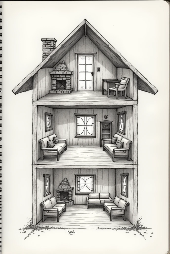  Make a picture of the interior of the house 2 missing points, consists of 3 rooms shown in a sketchbook