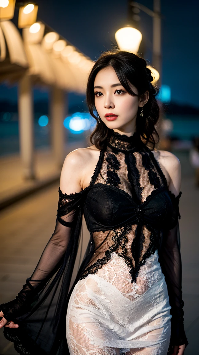 (8K、RAW Photos、top-quality、​masterpiece)、(realisitic、Photorealsitic)、1girl in、japanes、25-years old、femele、deep in the night、Moon Night、The rooftop of a building overlooking the city、Night sky with the moon shining、photon maping、Radio City、dark brown hair、(full body Esbian)、详细的脸、Detailed lips、detailedeyes、More skin、二重まぶた、(huge-breasted:1.4)、(See-through dresses、Dress with wide open chest)、no-bra、No panties、a necklace、high-heels、(cammel toe)、(Dark pubic hair:1.5)、perfectbody、shinny skin、Full body photo standing、model poses、sexy facial expression、Make eye contact with the camera